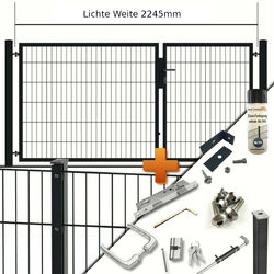 Doppelstabmattenzaun inkl. 2-flg. Tor B= 2,25m + Pfosten m. Abdeckleiste RAL7016Komplett inkl. Gittermatten | Pfosten | Drehflügeltor