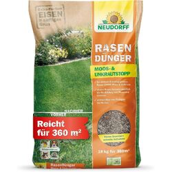 Neudorff RasenDünger Moos- & UnkrautStopp 18 Kg für 360m² organisch-mineralisch🌱 Verdrängt Moss & Unkraut 🌱 Extra-Portion Eisen 🌱