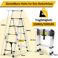 Teleskopleiter Klappleiter A-Frame 1.4+1.7m/1.7+2m/2+2.3m Ausziehbare