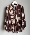 Hemdbluse Bluse Damen Gr. S M L XL 36 38 40 42 Braun Weiß Satin Buchstaben Italy