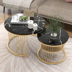 Beistelltisch 2er Couchtisch Marmor Optik Schwarz Wohnzimmertisch Rund Satztisch