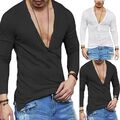 Herren Dünn Langarm T Shirt Tiefer V Ausschnitt Button Tops Muskel Tee Bluse