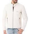 Klassische weiße Steppjacke Herren Echtleder Biker Motorrad Café Racer Mantel