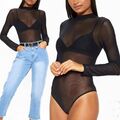 DAMEN FRAUEN LANGARM ROLLKRAGEN POLOKRAGEN NETZ TURNANZUG BODYSUIT DURCHSICHTIG TOP