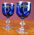 2 Gläser Weinglas Blau mit Goldrand Ähren Antik Vintage um 1900
