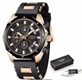 Herren Edelstahl Armbanduhr LIGE Chronograph  Herrenarmbanduhr Schwarz Roségold