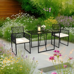 3tlg Gartenmöbel Set Rattan Balkonmöbel Set + 1 Tisch & 2 Stühle mit Sitzkissen
