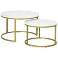 2er-Set Couchtisch, Runder Beistelltisch, Kaffeetisch mit Stahlgestell in Gold