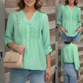 Damen V-Neck Langarm Blusehemd Elegant Spitze Oberteile Tunika Freizeit Tops DE