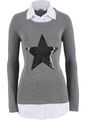 2 in1 Pullover mit Bluseneinsatz Gr 36/38 Grau Meliert Schwarz Langarm-Pulli Neu