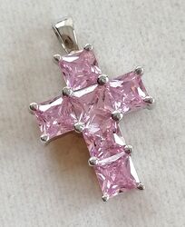Silber 925 Kette Anhänger Kreuz mit elegante pink Saphiren, Neuwertig ,Top 