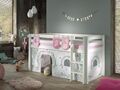 Vipack: "PINO" Spielbett / Hochbett 90x200 mit Vorhang +Taschen "Birdy" - Massiv