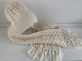 Damen Schal-/Mützen Kombination woll-weiß mit Zopf-Muster  - Wolle-handgestrickt