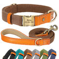 Personalisiertes Hundehalsband Hundeleine Leder & Nylon mit Namen Gravur S-L 