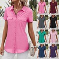 Damen Kurzarm Basic Shirts Knopf Bluse Tops Freizeit Bluse Hemd Oberteile Sommer