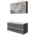 Badezimmer Doppelwaschtisch-Set 120cm in Eiche grau LED-Spiegelschrank Gäste-WC