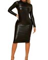 Midi Pu-Leder Bodycon Mock Neck Kleid Elegant Langarm Leder-Optik Sexy Eng S-XL