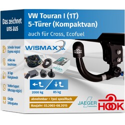 ANHÄNGERKUPPLUNG für VW Touran I 03-15 vert. abnehmbar HOOK +7pol E-Satz JAEGER
