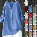 Damen Langarm Shirt Lose Longtop Knopf Bluse Freizeit Halb offener Kragen Hemd