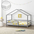 Kinderbett mit Rausfallschutz + Matratze 70x140cm Haus Holz Hellgrau Bettenhaus