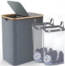Wäschekorb mit Deckel, Wäschebox Wäschesack Kleiderkorb 150L Wäschesammler Grau