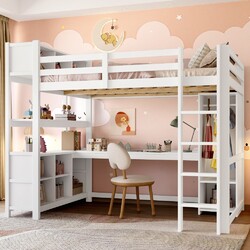 Hochbett 140x200 mit Schreibtisch und Kleiderschrank,Regale, weiß, ohne Matratze