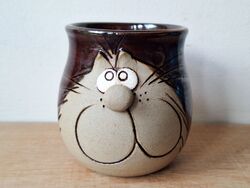 HAPPY CAT Steingut Studio Keramik Kaffee Tee Becher Tasse Kitsch Vintage 80er Jahre