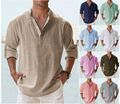 Herren Leinen-Optik Hemd Tops Freizeit Knopf T-Shirt Bluse Langarm Oberteile DE