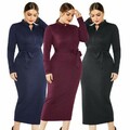 Damen Strickkleid Bodycon Pullover Midi V-Ausschnitt Lang Arm Stretch Übergröße
