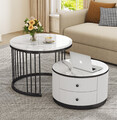 Couchtisch 2er Set Rund Beistelltisch mit Schublade Metallrahmen Wohnzimmertisch