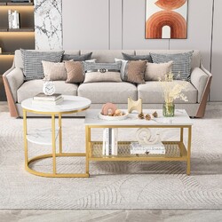 2er Set Couchtisch Rund/Rechteckig Beistelltisch Sofatisch mit Metallgestell DE.