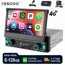 DAB+ 6+128G 1 DIN 7 Zoll Flip Out Android 14 Carplay Autoradio GPS FM BT MIC KAM