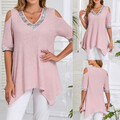 Damen V-Neck Kurzarm T-Shirt Pailletten Schulterfrei Oberteile Tunika Longtop DE