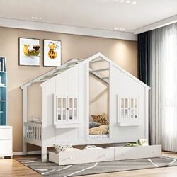 Hausbett Kinderbett 90x200cm Weiß Kiefer Lattenrost Gitter mit 2 Schublade EN747