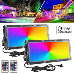 2Stk RGB LED Fluter 50W Außen Strahler Flutlicht Scheinwerfer Garten Lampe IP66