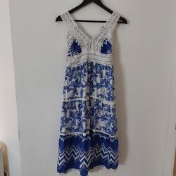 Vintage indisches Maxi Tee Kleid Gr. 10 blau weiß Paisley Boho Spitze Stil Arbeit