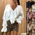 Damen V-Neck Langarm T-Shirt Elegant Rüsche Oberteil Freizeit Party Hemdbluse DE