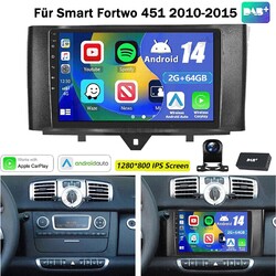 DAB+ 64GB Android 14 Autoradio Carplay GPS Navi Kam Für Smart Fortwo 451 2010-15