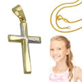 Echt Gold 333 bicolor Kinder Kommunion Kreuz Anhänger mit Kette Silber vergoldet