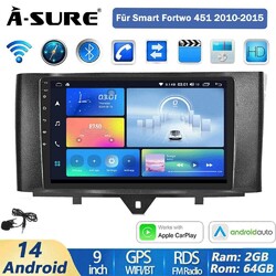 64G Android 14 Autoradio Carplay WiFi GPS Navi Für Benz Smart Fortwo 451 2010-15
