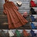 Damen Lose Sommer Bluse Hemd  Knopf Longshirt Langarm Freizeit Tunika Oberteile