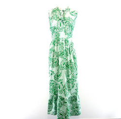 Damen Kleid MILANO Italy Langes Maxikleid Grün Weiß 100% Baumwolle Ärmellos Neu