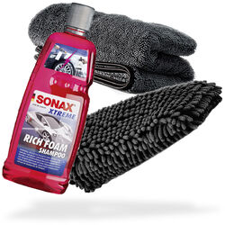 SONAX Xtreme RichFoam Autoshampoo 1L + Waschhandschuh schwarz + Trockentuch grau