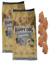 NUR HEUTE ! 2x15kg Happy Dog  Naturcroq  XXL Adult Hundefutter +6 Kaninchenohren