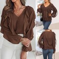 Damen V-Neck Langarmshirt Rüschen Hemd Elegant Chiffon Transparent Oberteile Top