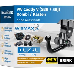 ANHÄNGERKUPPLUNG für VW Caddy V ab 20 vert. abnehmbar BRINK +7pol E-Satz ECS