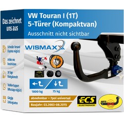 ANHÄNGERKUPPLUNG vert. abnehmbar für VW Touran I 1T 03-15 +7pol E-Satz ABE