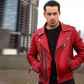 Herren Rot Gesteppt Echt Lammleder Jacke Reißverschluss Biker Moto Slim Fit