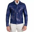 Herren Blau Denim Stil Trucker Jacke Echt Lammleder Leder Knopf Hemd Mantel