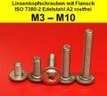 Linsenkopfschrauben Flansch Bund ISO 7380 Edelstahl V2A ISK M3 M4 M5, M6 M8  M10